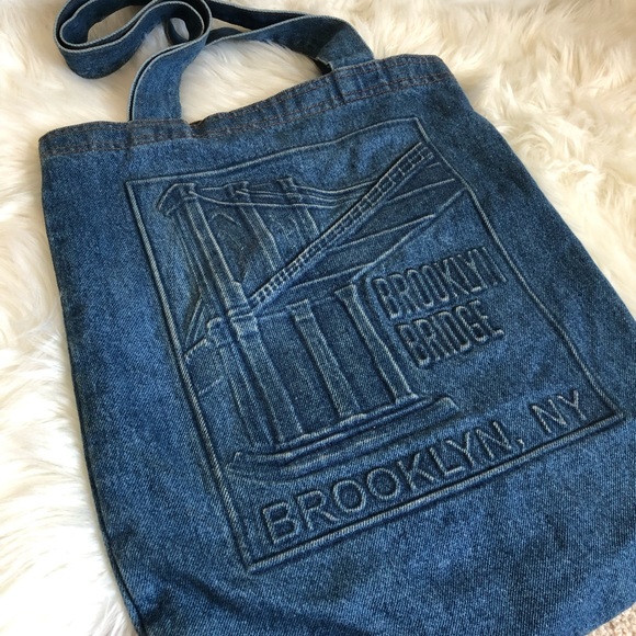 Vintage Handbags - Vintage | Brooklyn Bridge NY Denim Embossed Tote